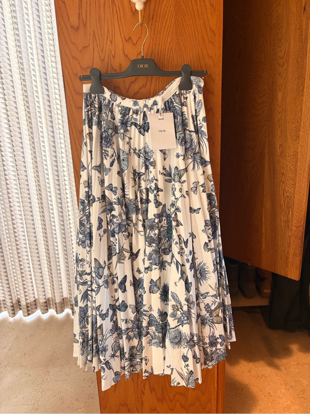 Brand New Dior White Denim Midi Skirt with Blue Floral Print